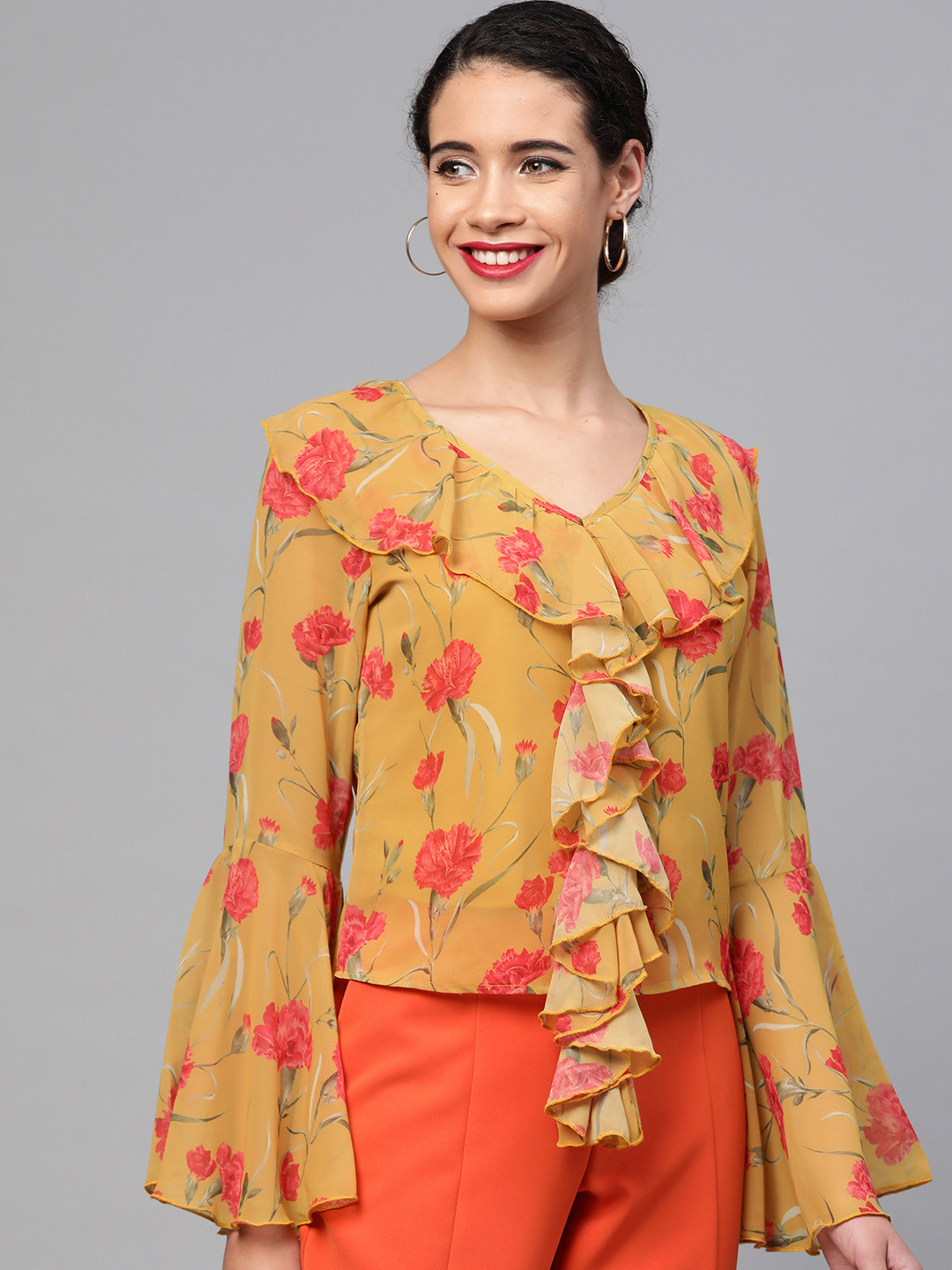 

SASSAFRAS Women Mustard Yellow & Red Printed Regular Top