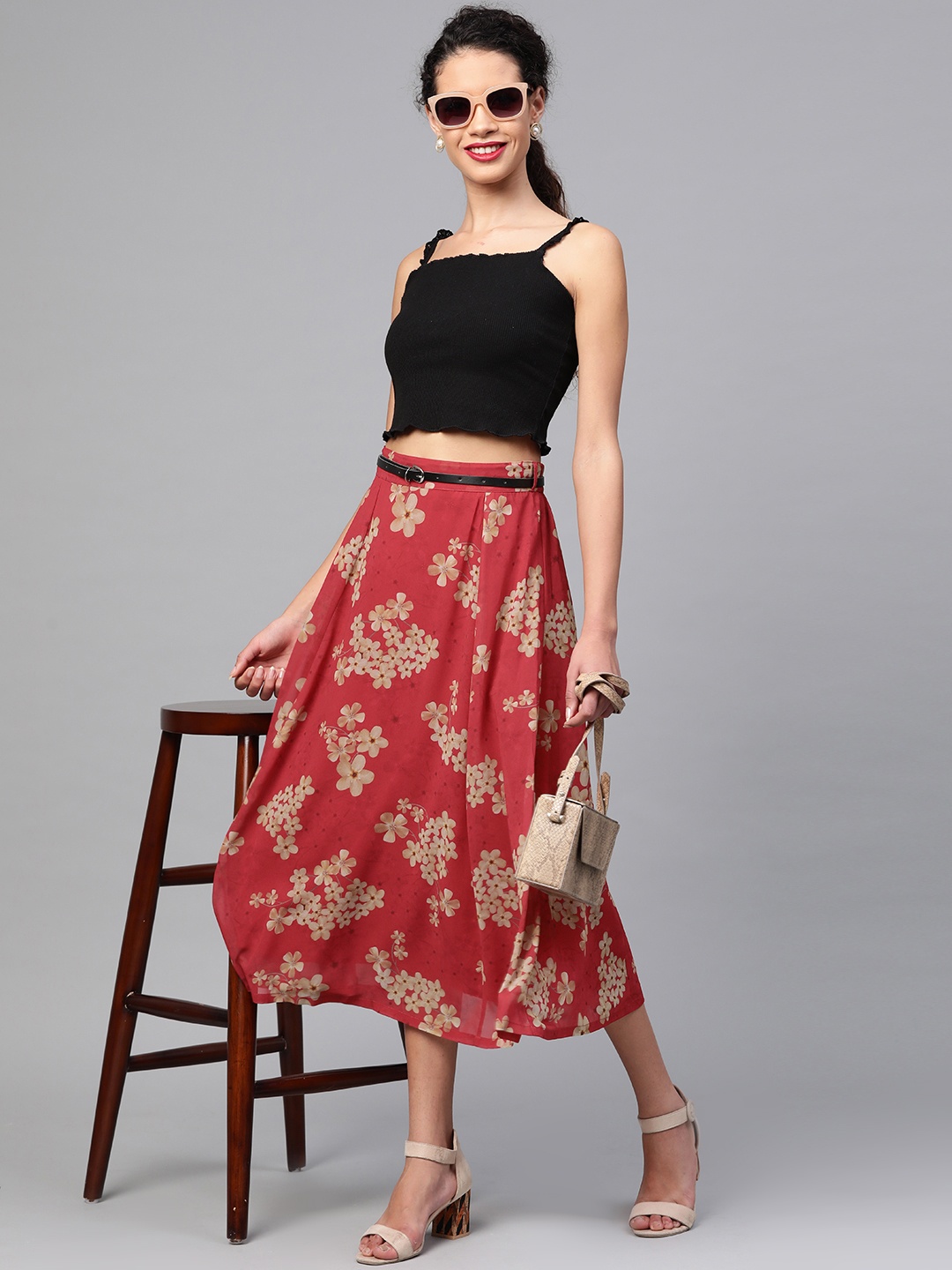 

SASSAFRAS Red & Beige Printed Flared Skirt