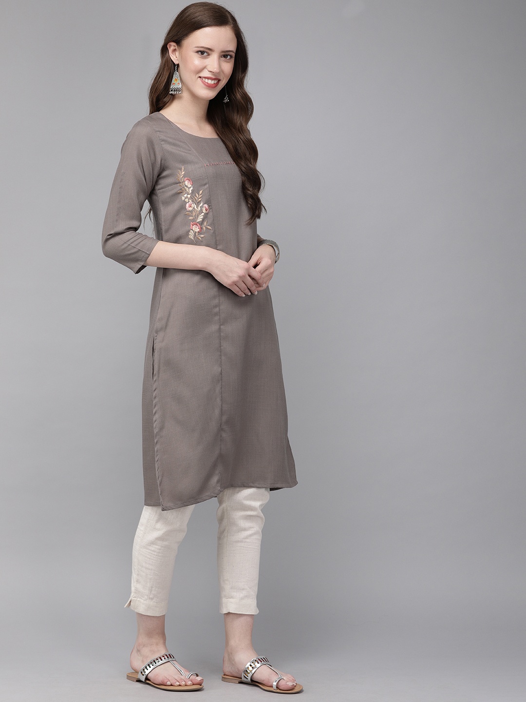 

MIMOSA Women Brown Embroidered Straight Kurta