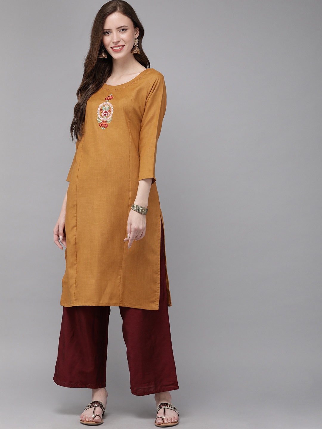 

MIMOSA Women Mustard Yellow Embroidered Straight Kurta