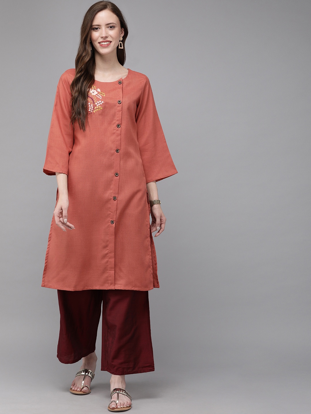 

MIMOSA Women Rust Brown Solid Straight Kurta With Embroidered Detail