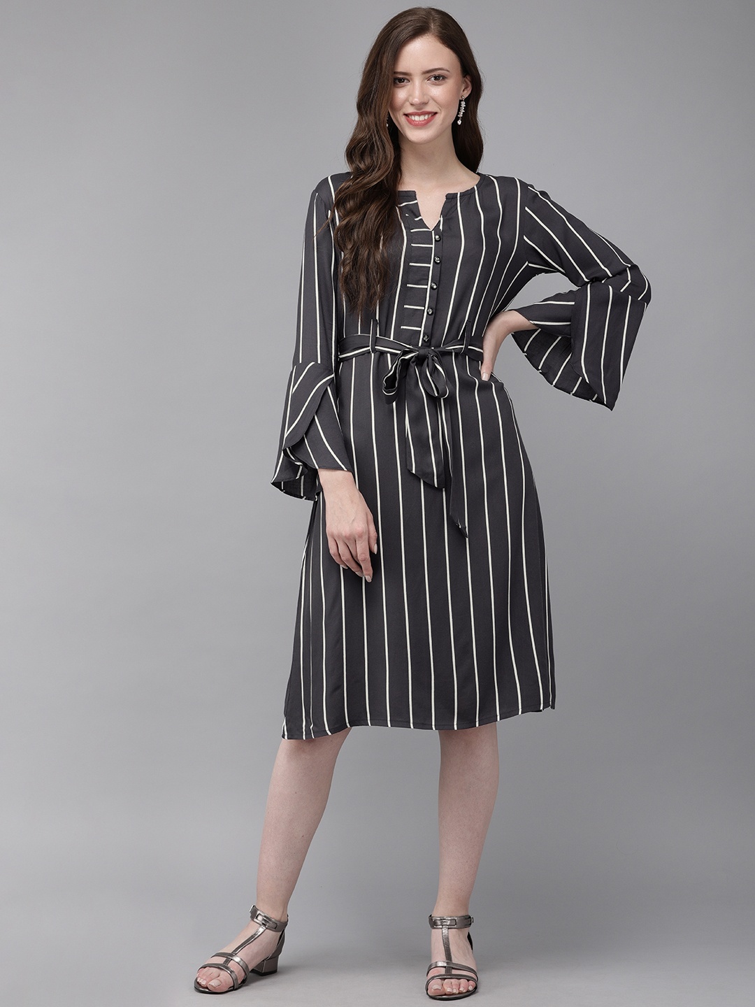 

MIMOSA Women Charcoal Grey & White Striped A-Line Dress
