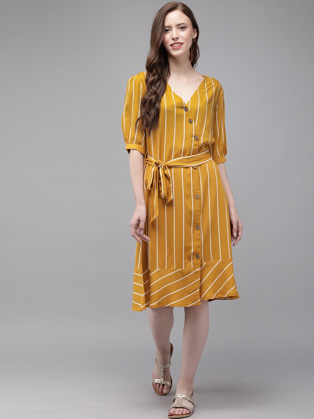 

MIMOSA Women Mustard Yellow & Off White Striped A-Line Dress