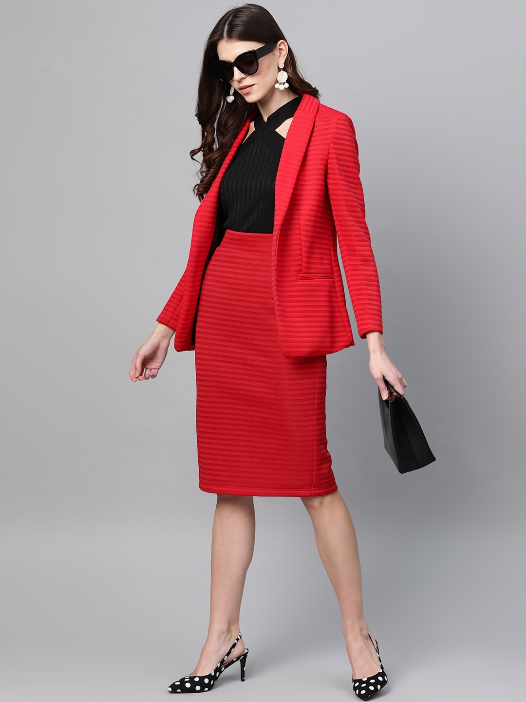 

Zima Leto Women Red Self-Striped Straight Skirt