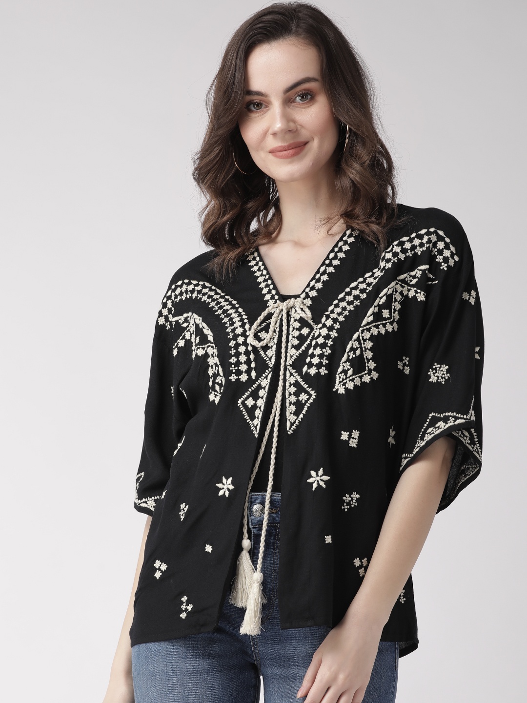 

SCOUP Women Black & Off-White Embroidered Tie-Up Shrug