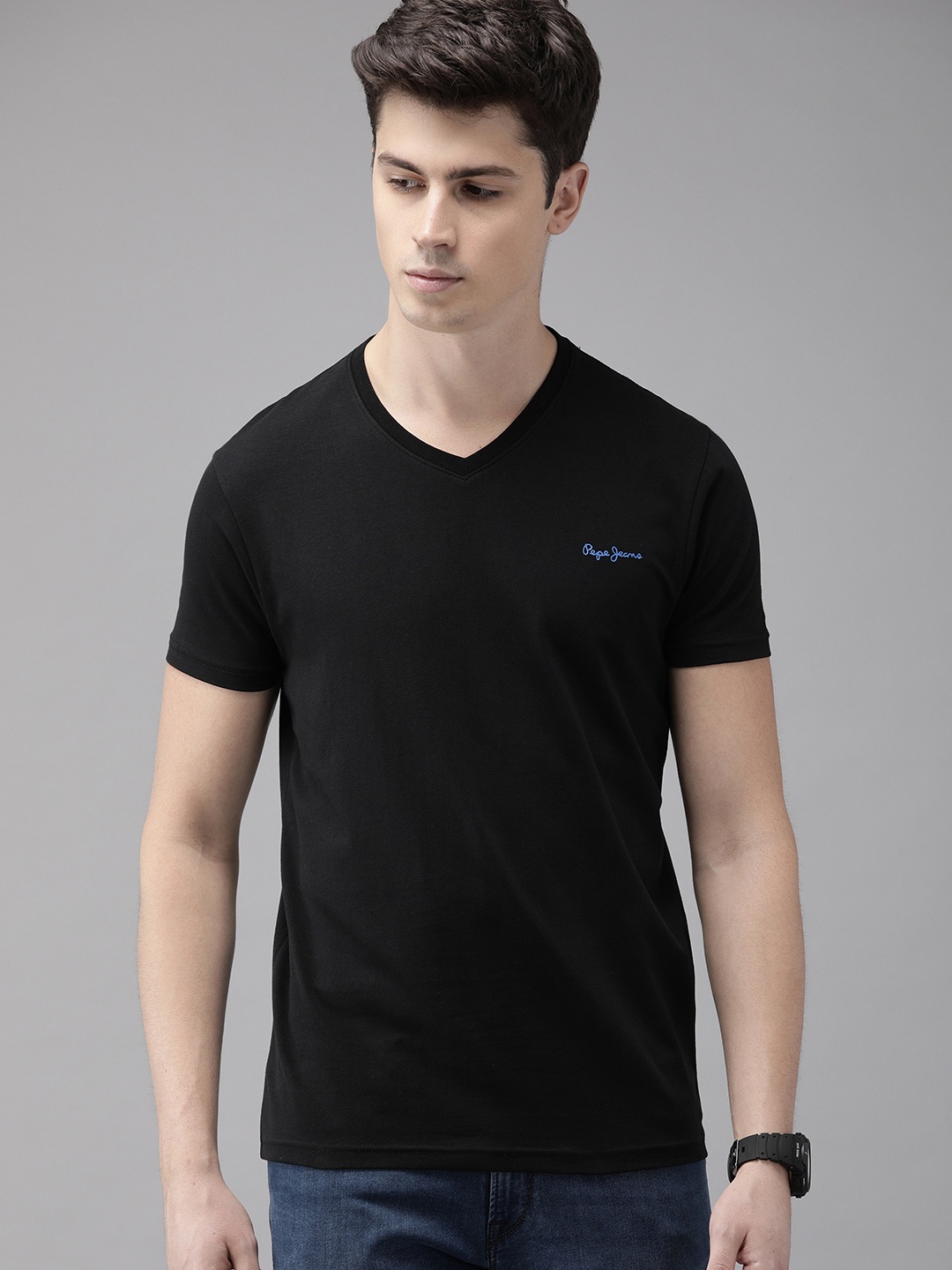 

Pepe Jeans Men Black Slim Fit Solid V-Neck T-shirt