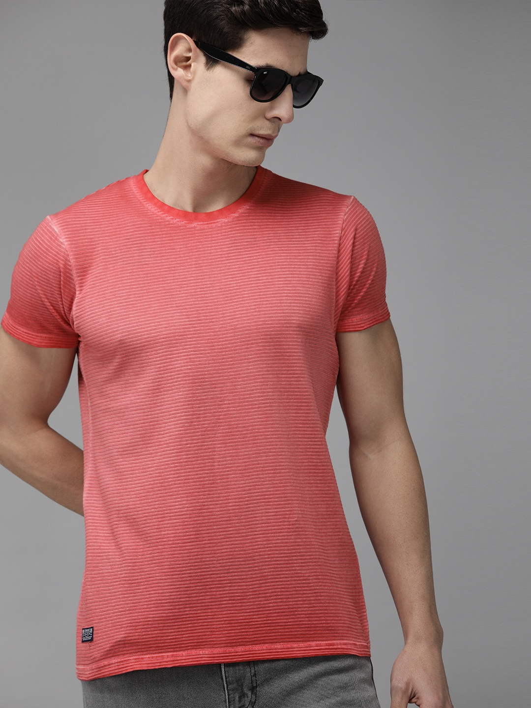 

Pepe Jeans Men Coral Pink Self-Striped Round Neck T-shirt