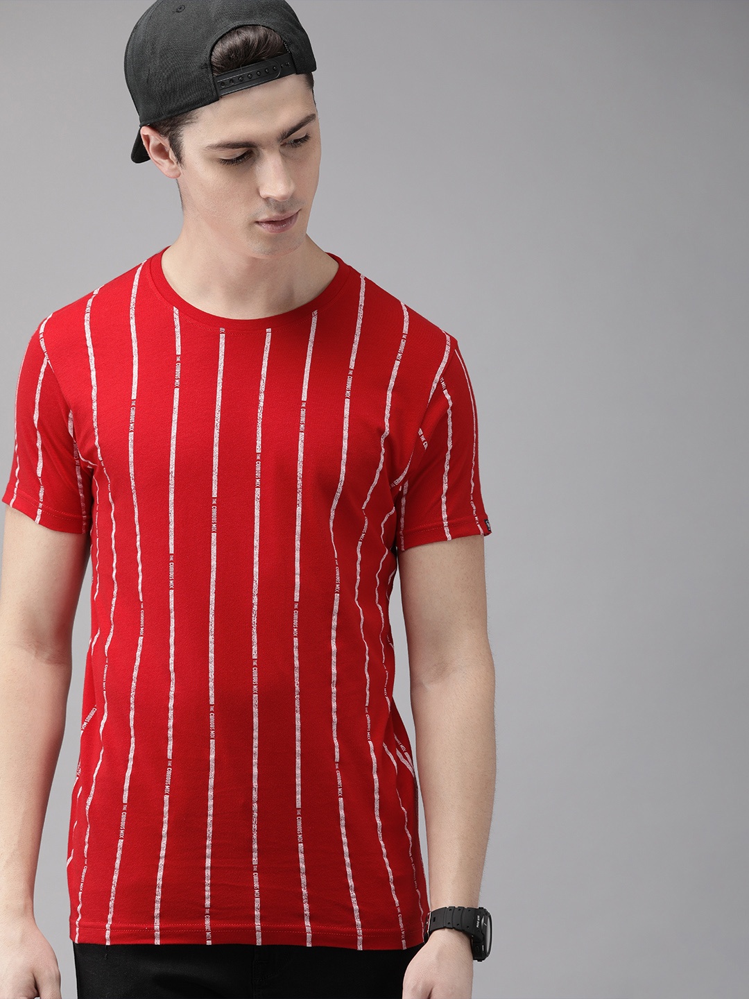 

Pepe Jeans Men Red White Slim Fit Striped Round Neck Pure Cotton T-shirt