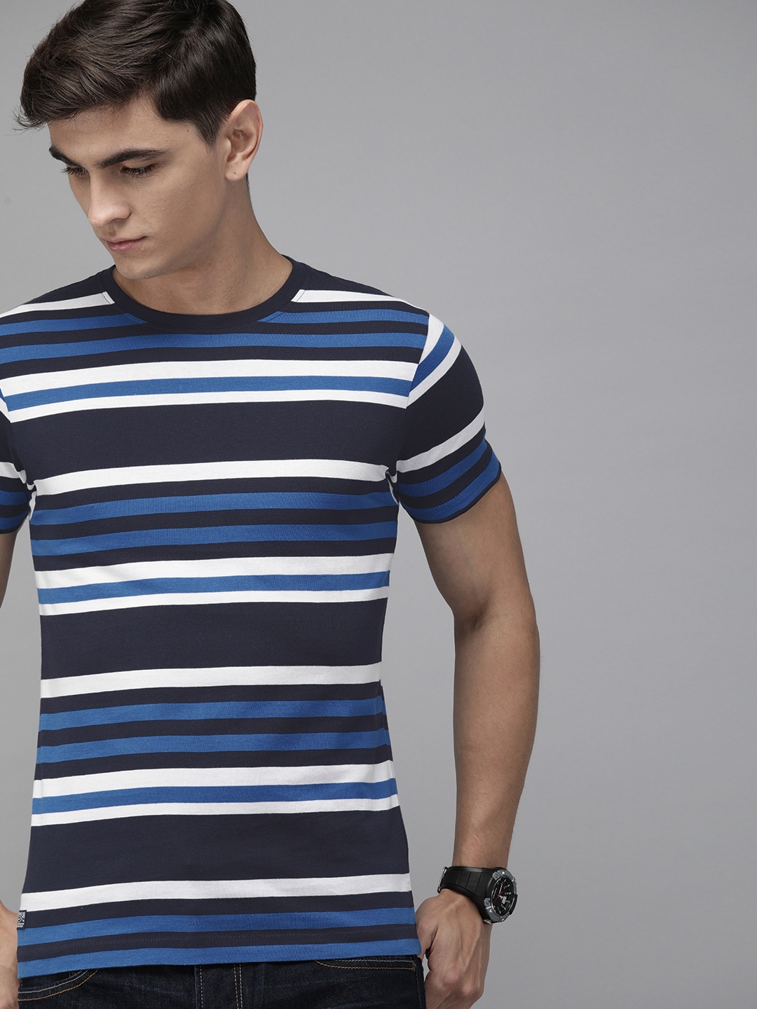 

Pepe Jeans Men Navy Blue & White Pure Cotton Slim Fit Striped Round Neck T-shirt