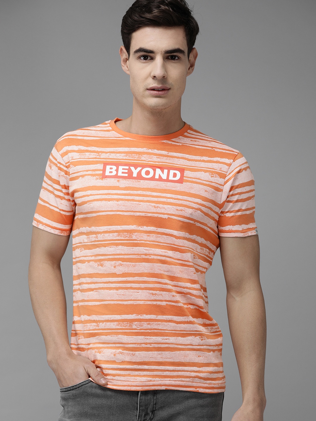

Pepe Jeans Men Orange Peach-Coloured Pure Cotton Striped Round Neck Pure Cotton T-shirt
