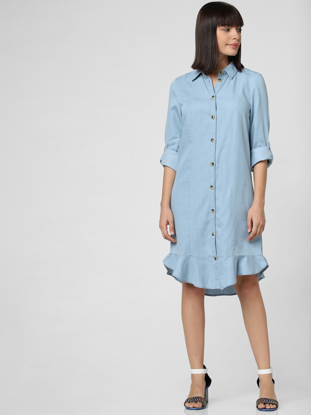 

Vero Moda Women Blue Solid Shirt Dress With Ruffled Detailing