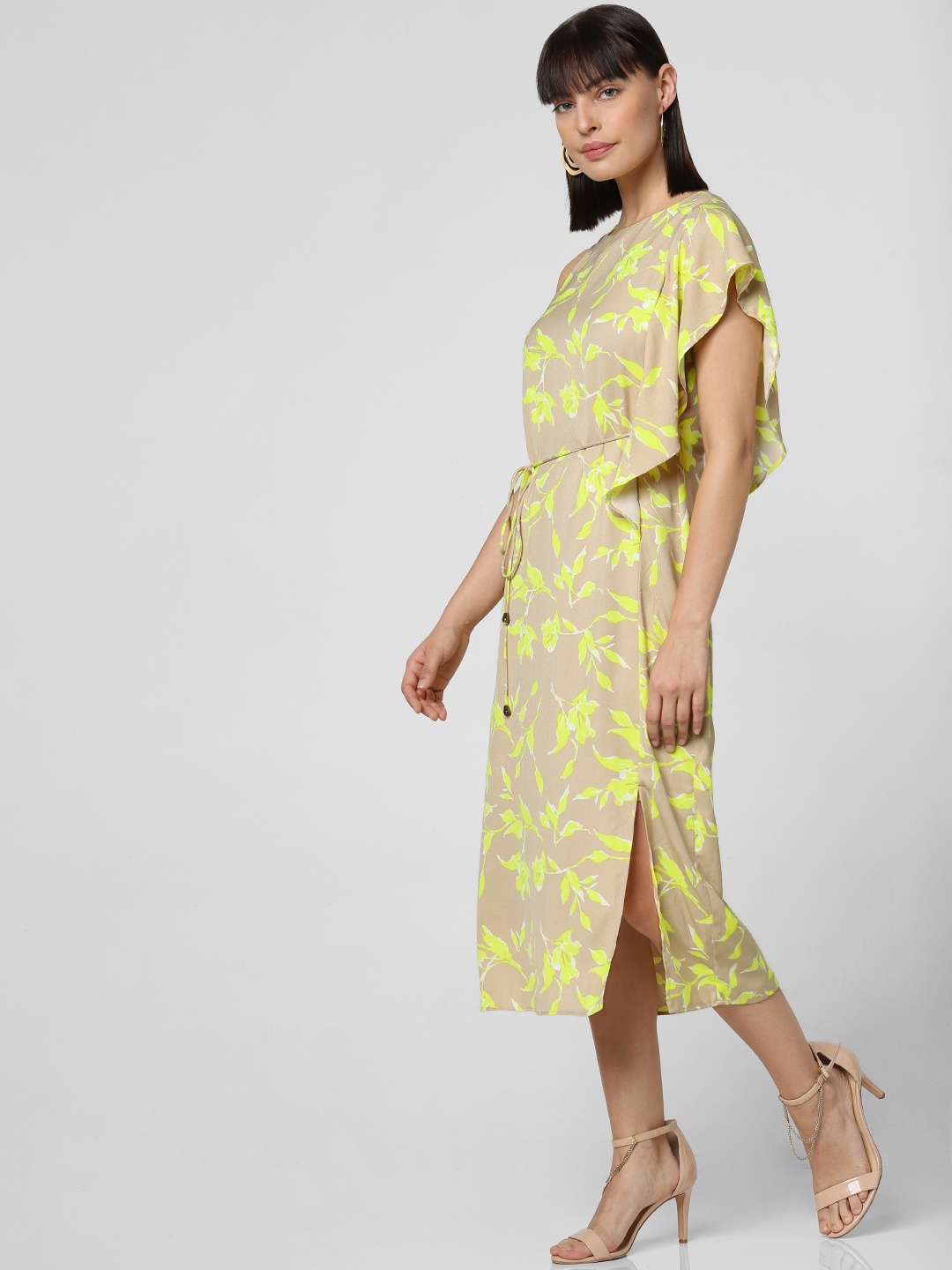 

Vero Moda Women Beige & Yellow Printed Fit and Flare Dress with Tie-Up Detail