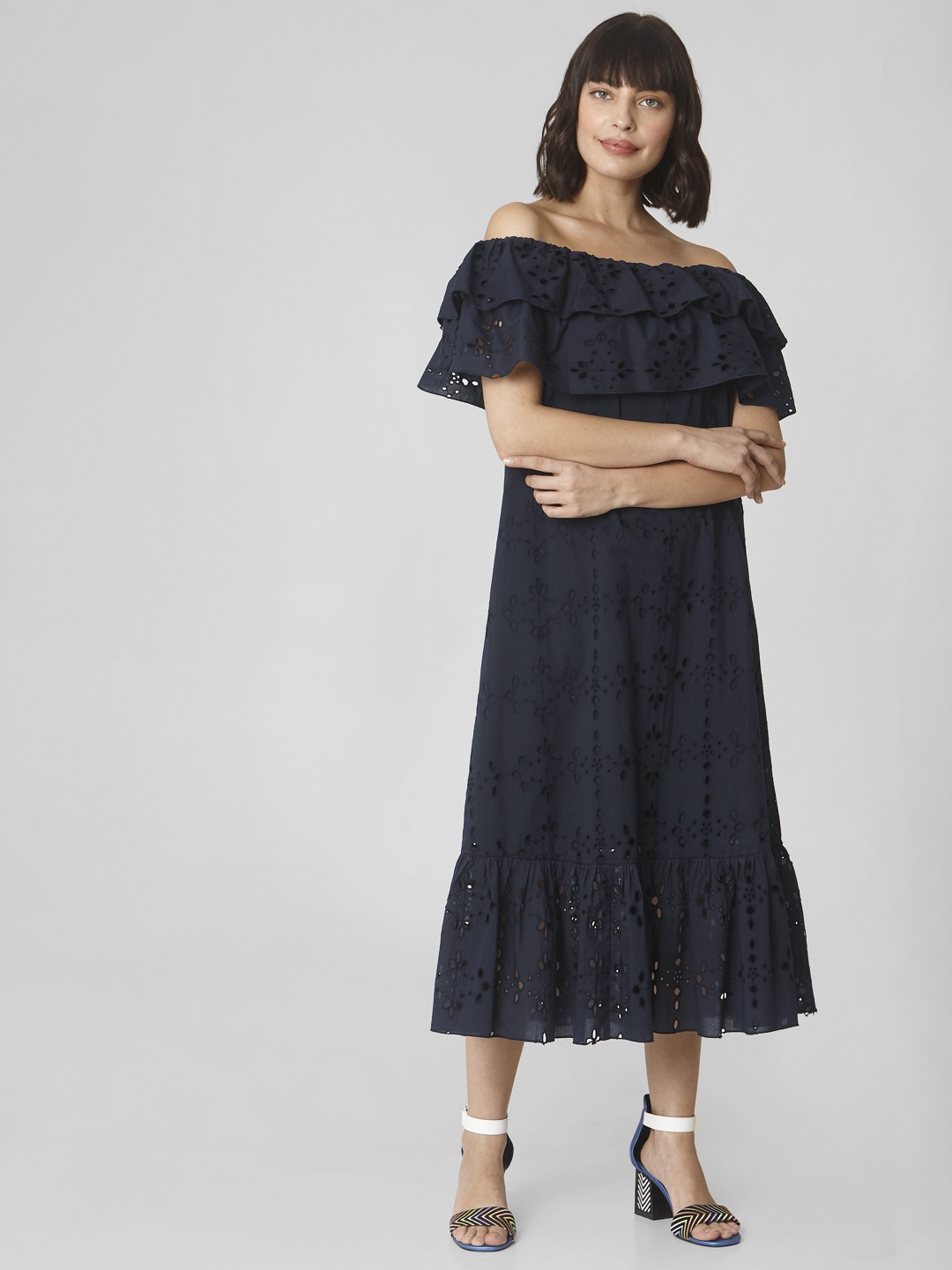

Vero Moda Navy Blue Schiffli Off-Shoulder Dress