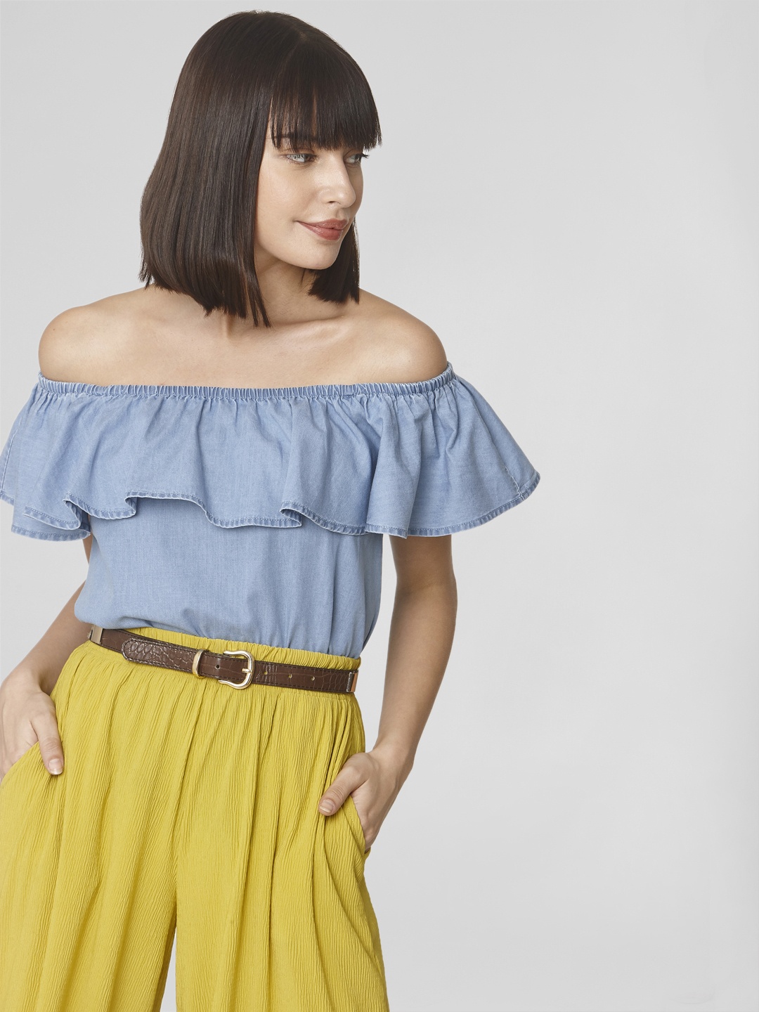 

Vero Moda Women Blue Solid Bardot Pure Cotton Top