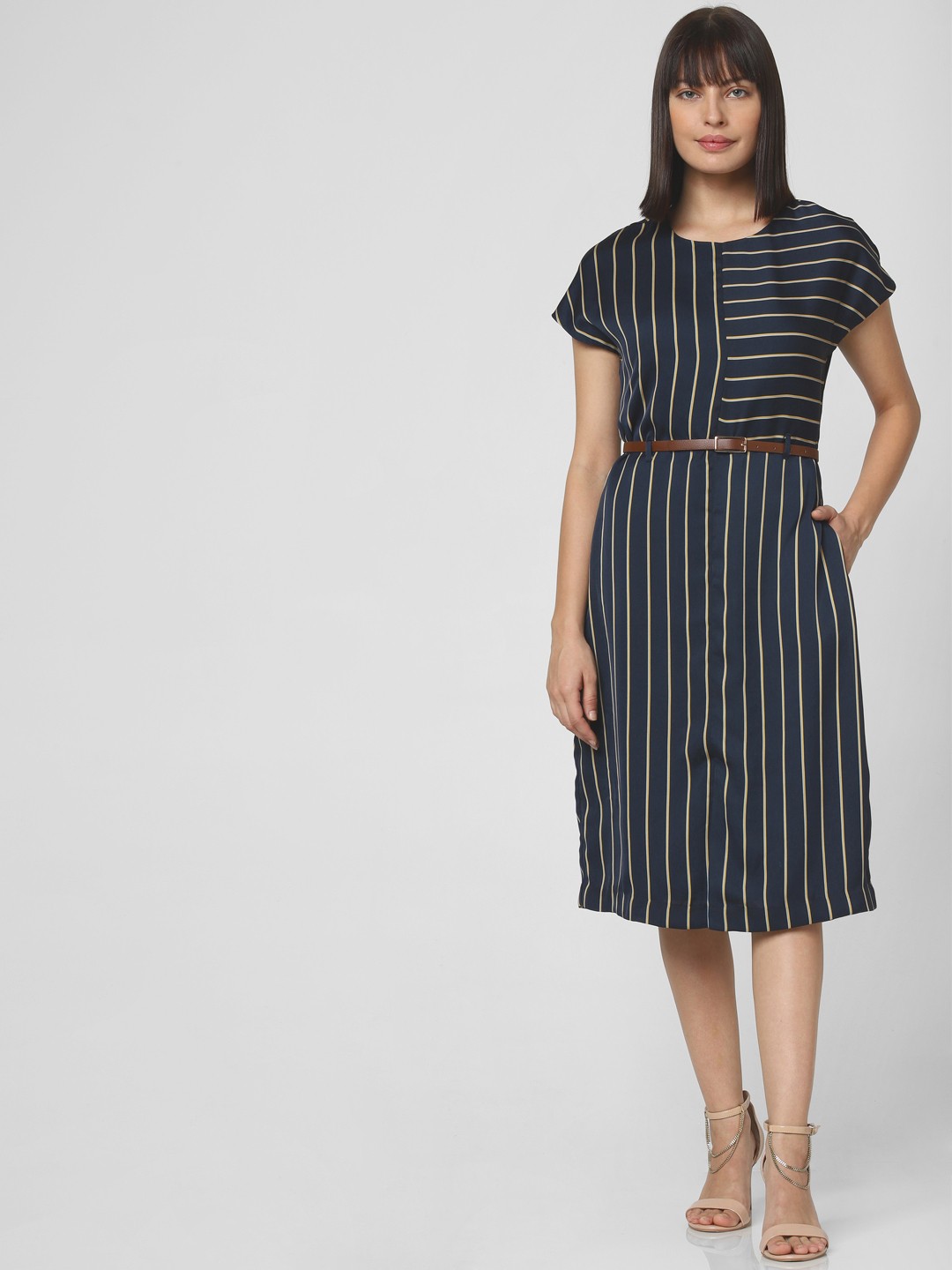 

Vero Moda Women Navy Blue & Yellow Striped A-Line Dress