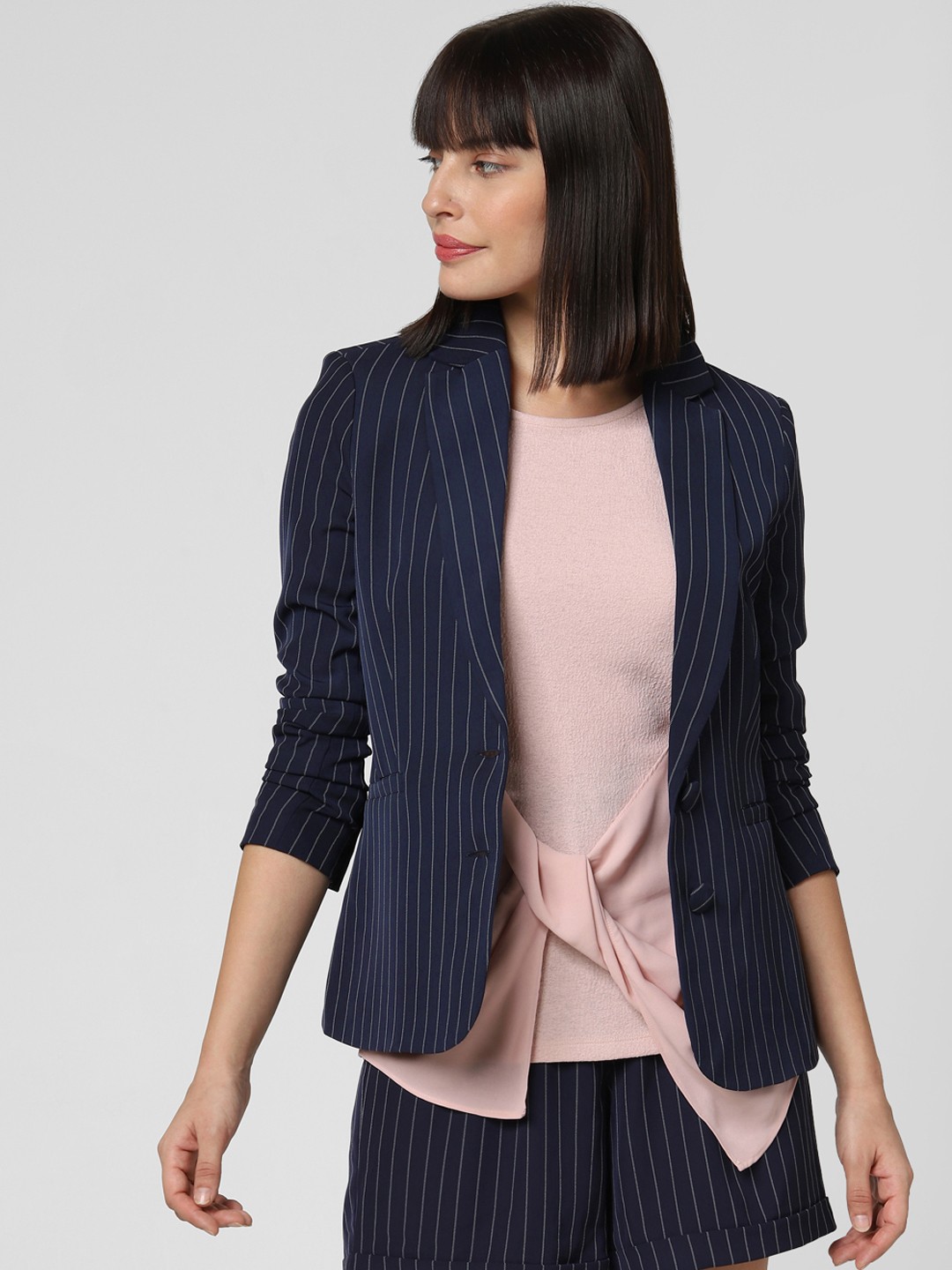 

Vero Moda Women Navy Blue & White Striped Single-Breasted Casual Blazer