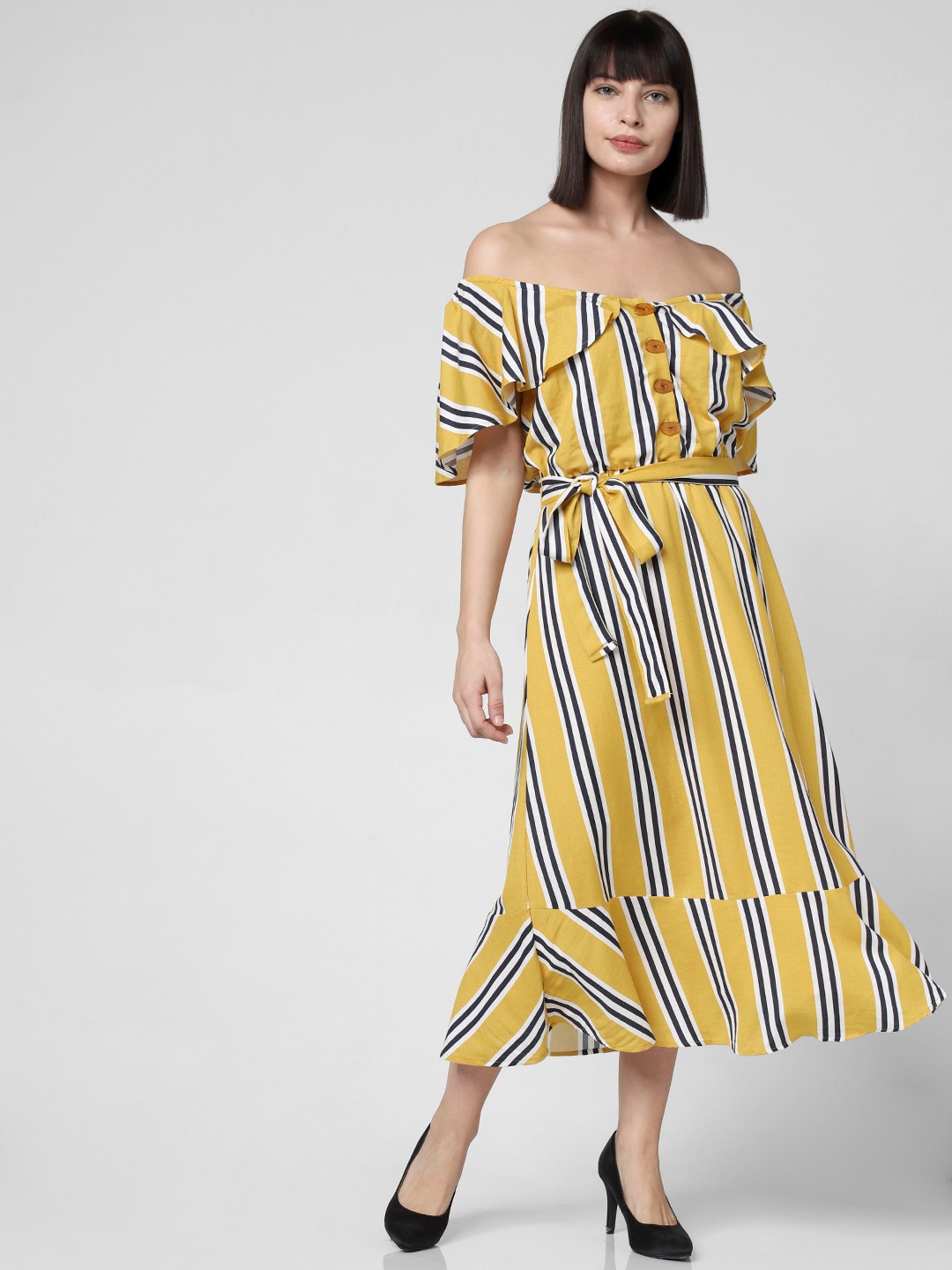 

Vero Moda Women Mustard Yellow & Navy Blue Striped Fit and Flare Dress