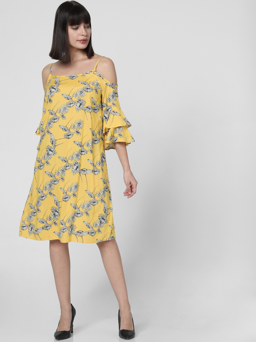 

Vero Moda Women Yellow & White Printed A-Line Dress