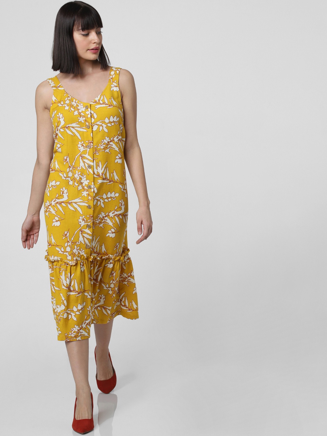 

Vero Moda Women Mustard Yellow & White Floral Print Drop-Waist Dress with Ruffle Detailing