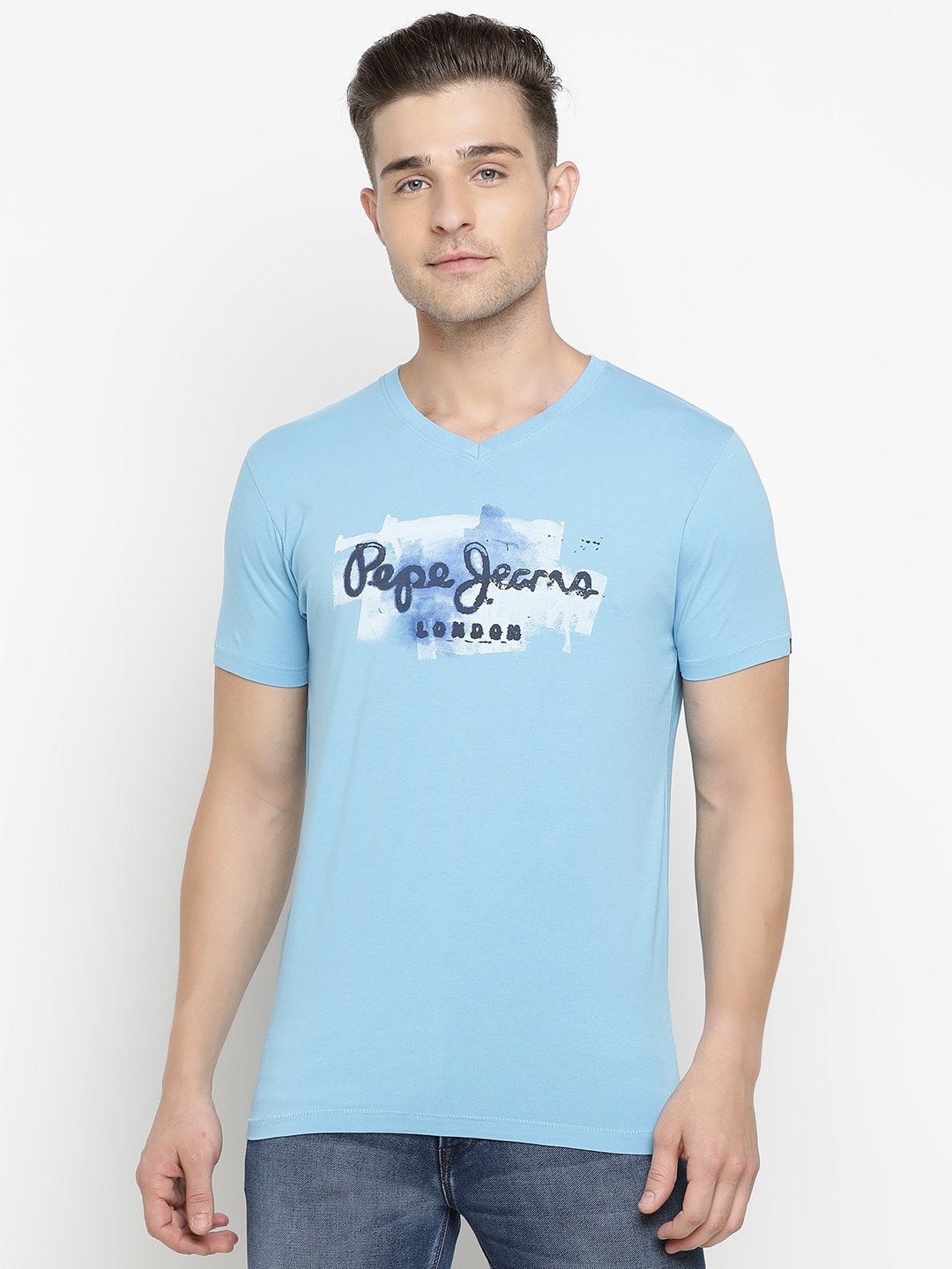 

Pepe Jeans Men Blue Brand Logo Printed V-Neck T-shirt