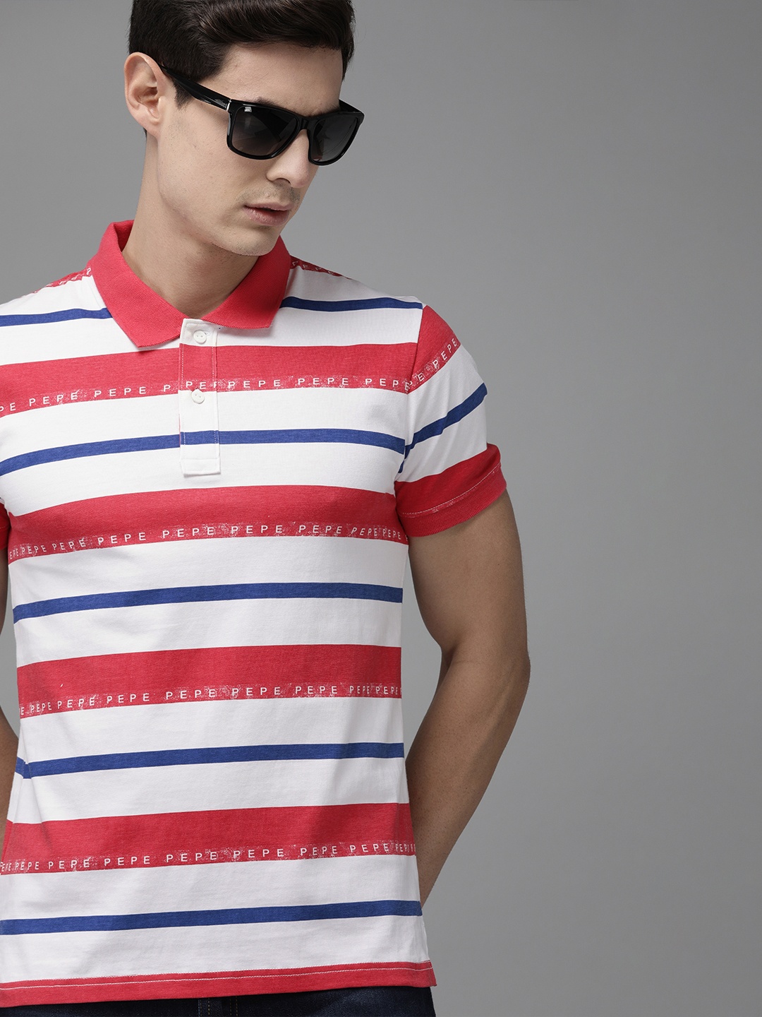 

Pepe Jeans Men White Coral Red Striped Polo Collar Pure Cotton T-shirt