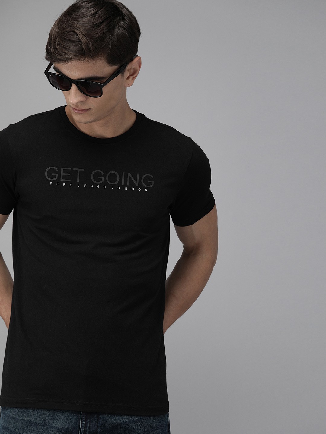 

Pepe Jeans Men Black Slim Fit Brand Logo Printed Round Neck T-shirt