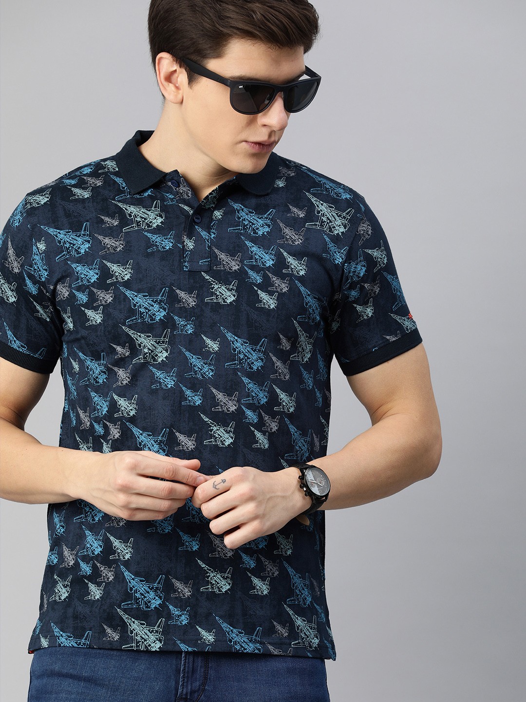 

Pepe Jeans Men Navy Blue Printed Regular Fit Polo Collar T-shirt