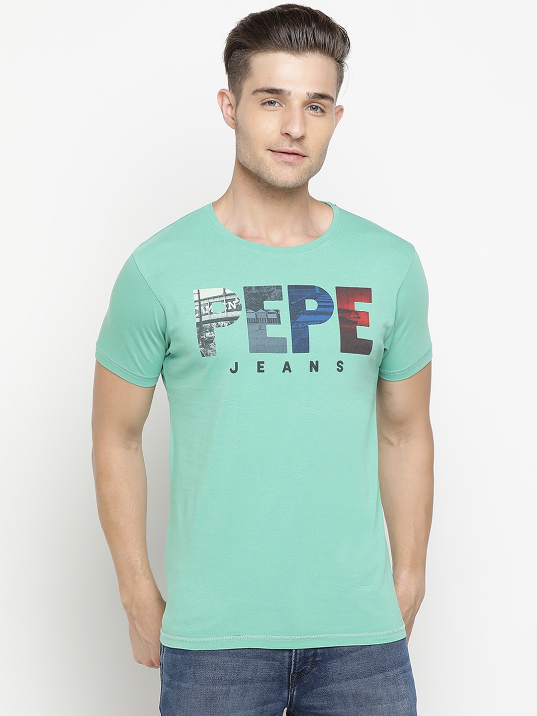 

Pepe Jeans Men Green & Grey Printed Round Neck T-shirt