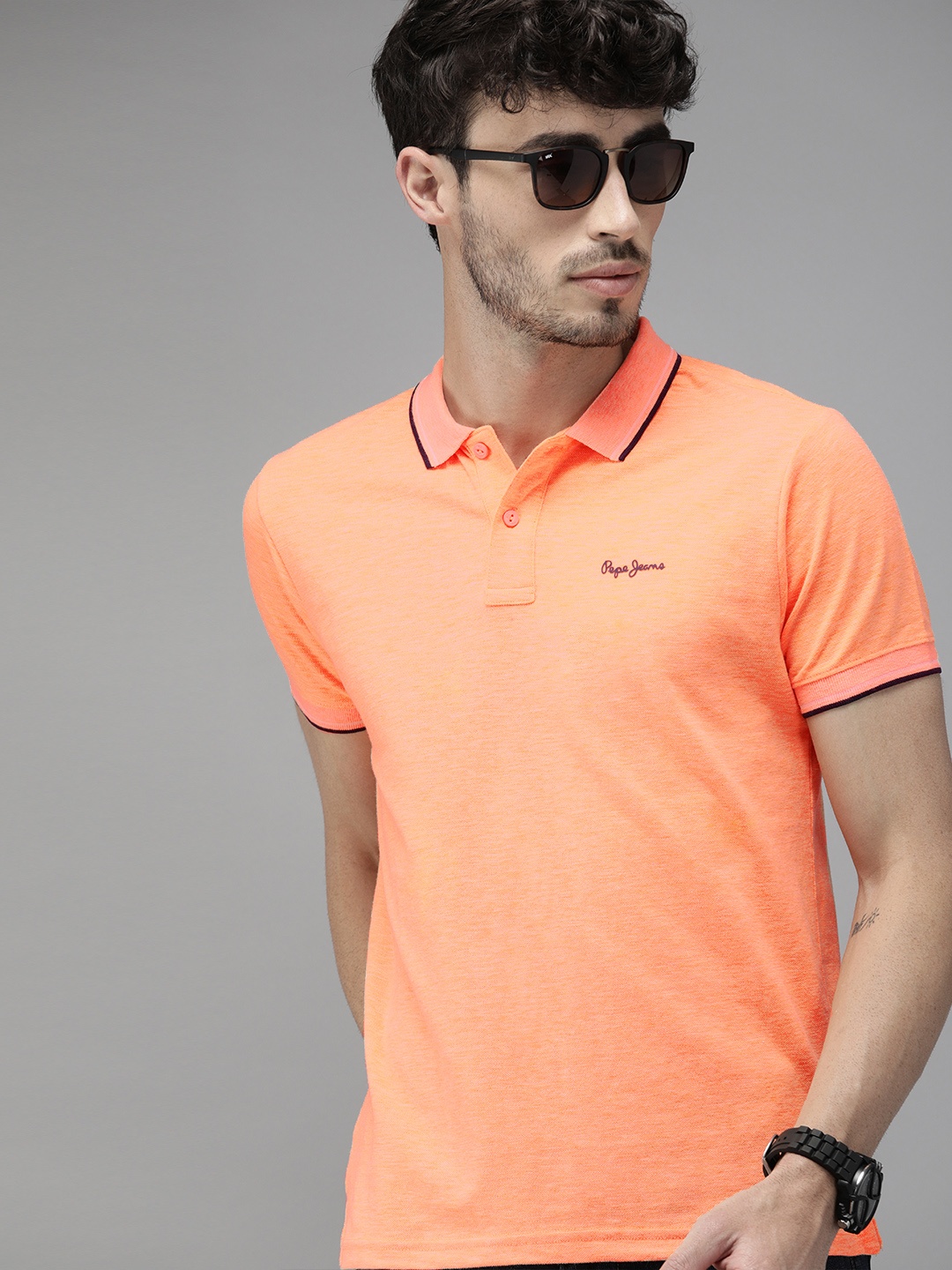 

Pepe Jeans Men Coral Orange Solid Polo Collar T-shirt