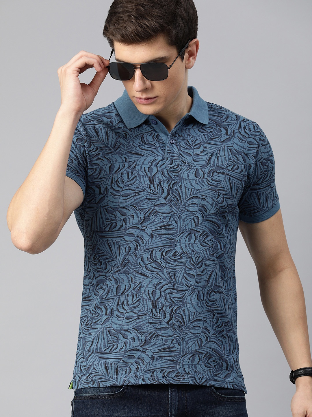 

Pepe Jeans Men Blue Printed Polo Collar Pure Cotton T-shirt