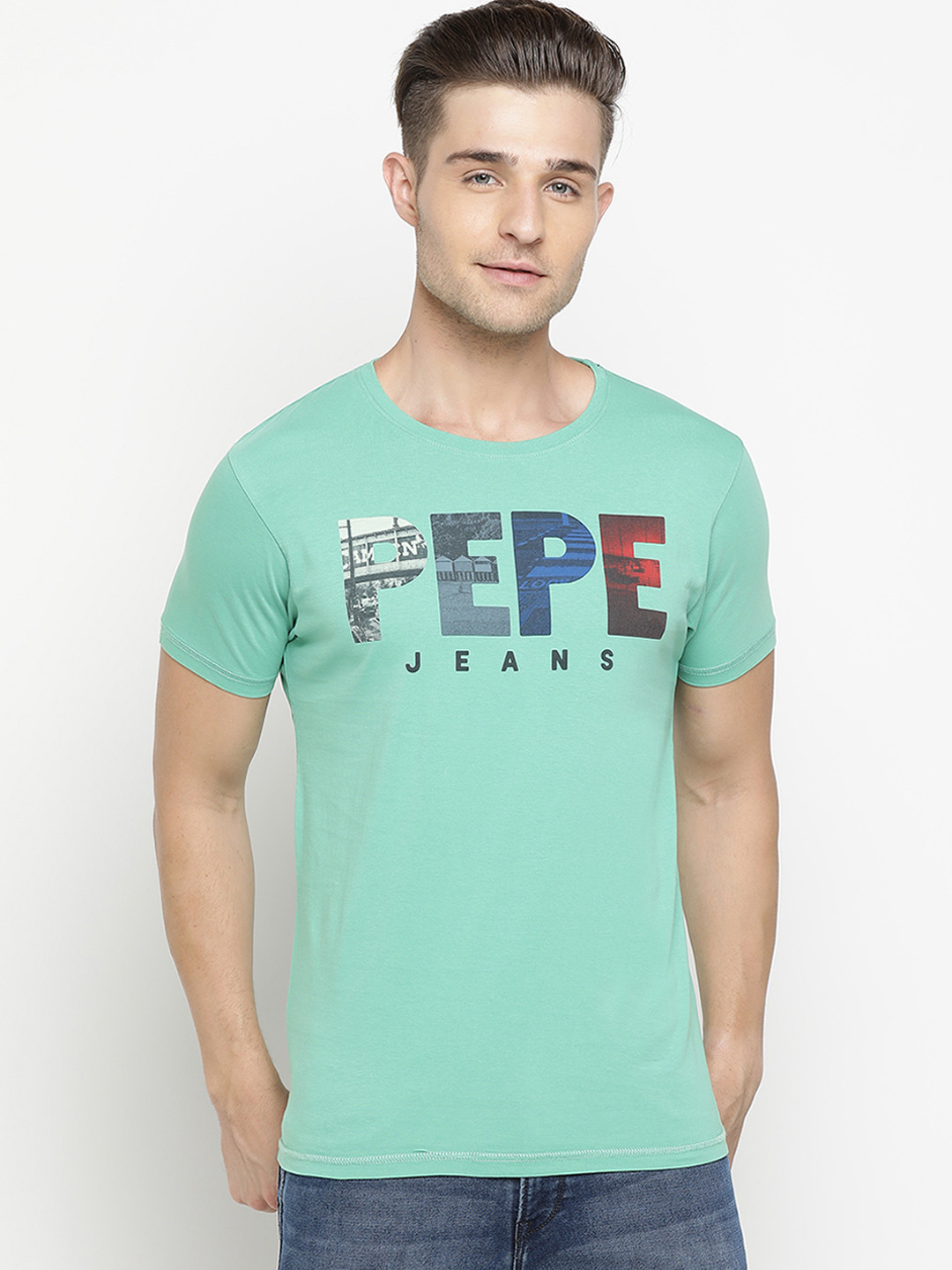 

Pepe Jeans Men Green & Grey Printed Round Neck T-shirt