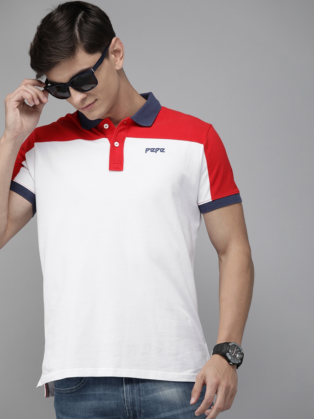 

Pepe Jeans Men Red White Colourblocked Contrast Polo Collar Pure Cotton T-shirt