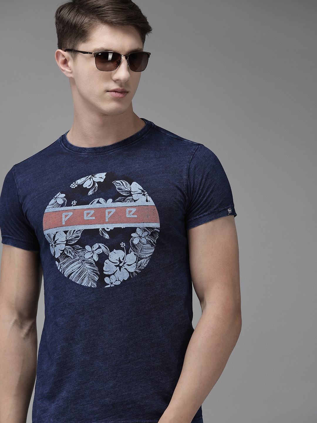 

Pepe Jeans Men Navy Blue Slim Fit Printed Round Neck Pure Cotton T-shirt