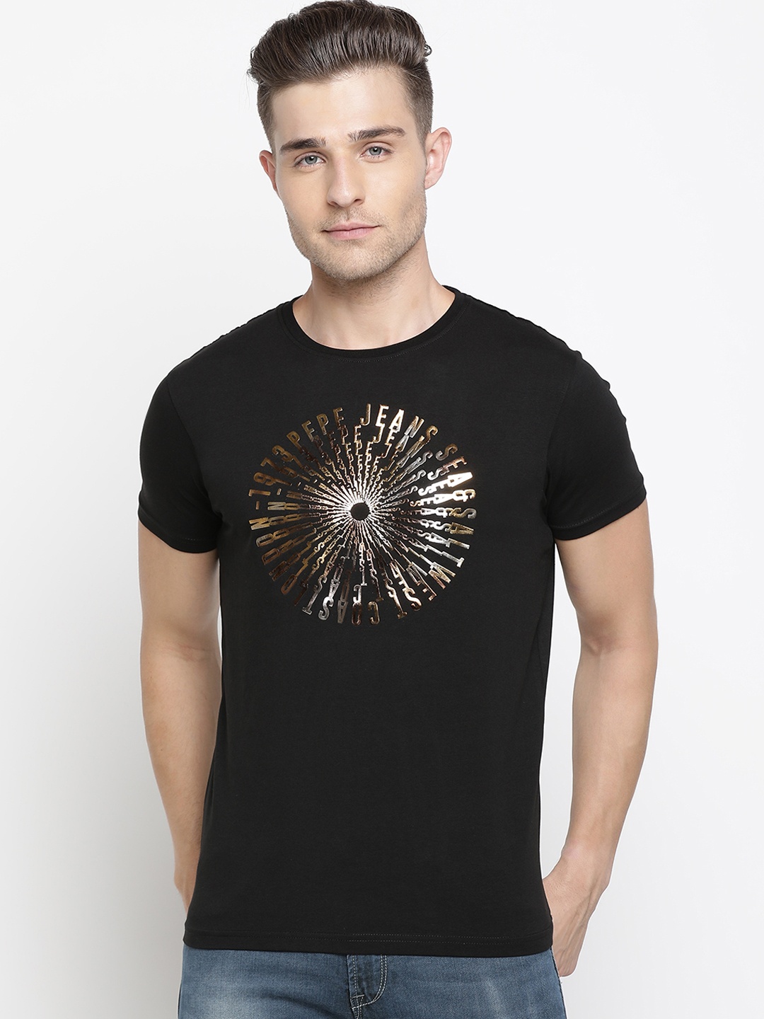 

Pepe Jeans Men Black & Golden Printed Round Neck T-shirt