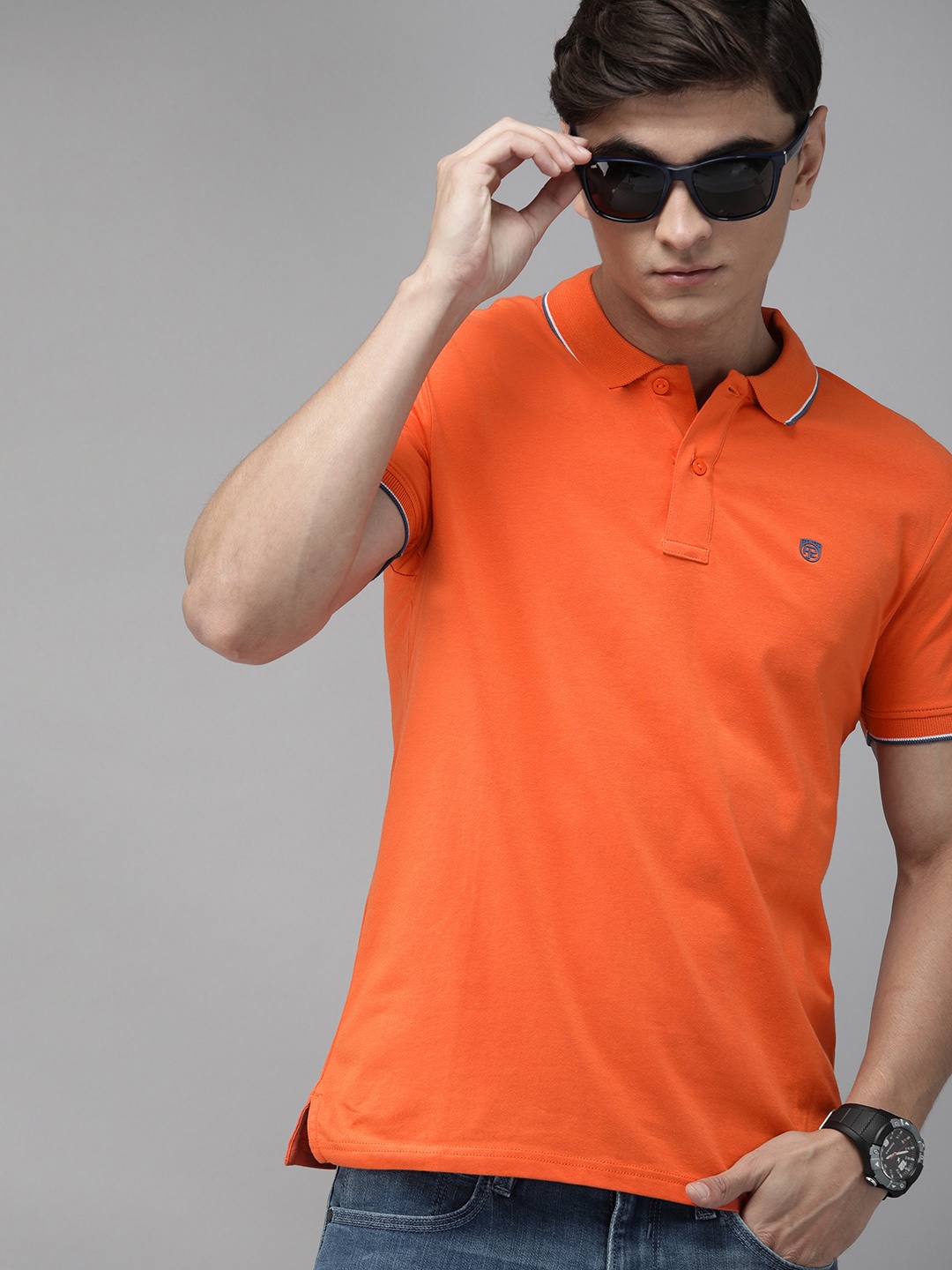 

Pepe Jeans Men Orange Solid Polo Collar T-shirt with Tipping Detail