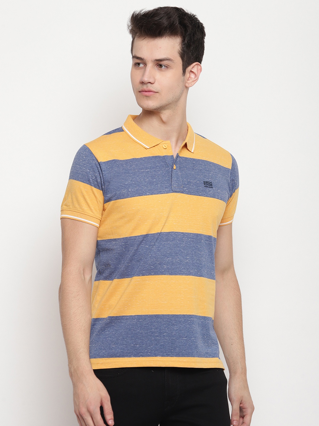 

Pepe Jeans Men Yellow & Grey Striped Polo Collar T-shirt