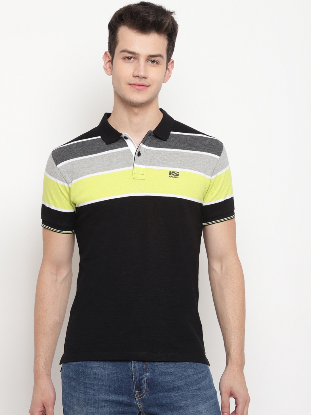 

Pepe Jeans Men Black Yellow Striped Polo Collar Pure Cotton T-shirt
