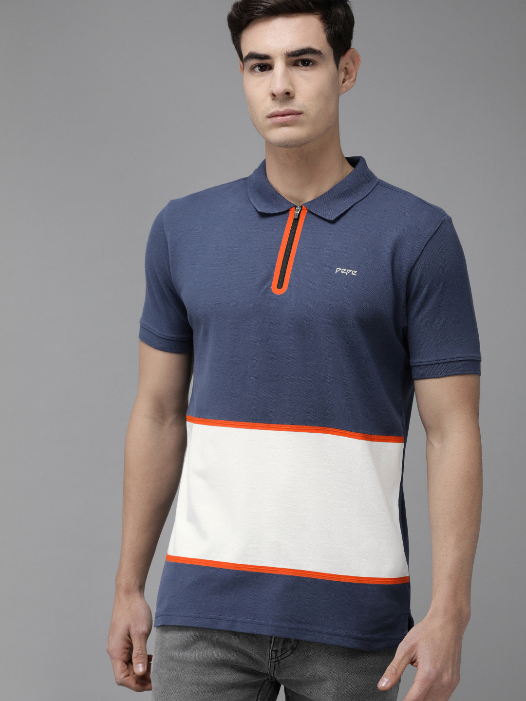 

Pepe Jeans Men Blue & White Colourblocked Polo Collar T-shirt