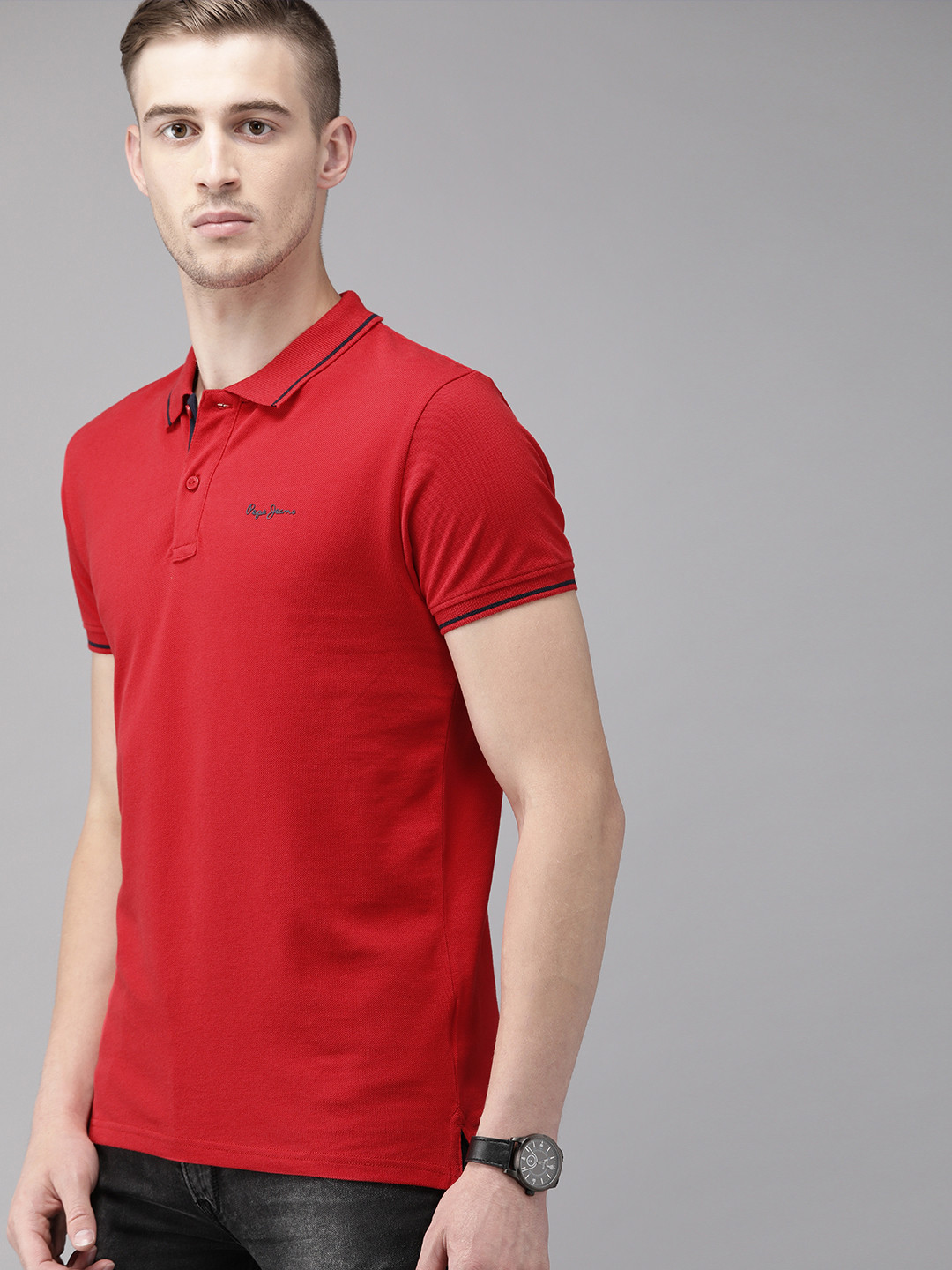 

Pepe Jeans Men Red Solid Polo Collar Pure Cotton T-shirt