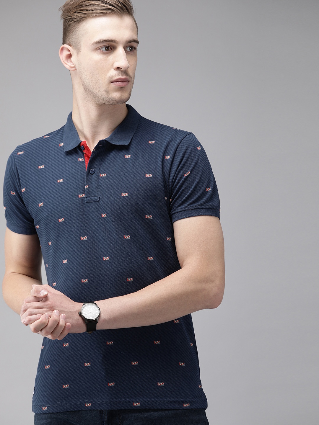 

Pepe Jeans Men Navy Blue Printed Polo Collar Pure Cotton T-shirt