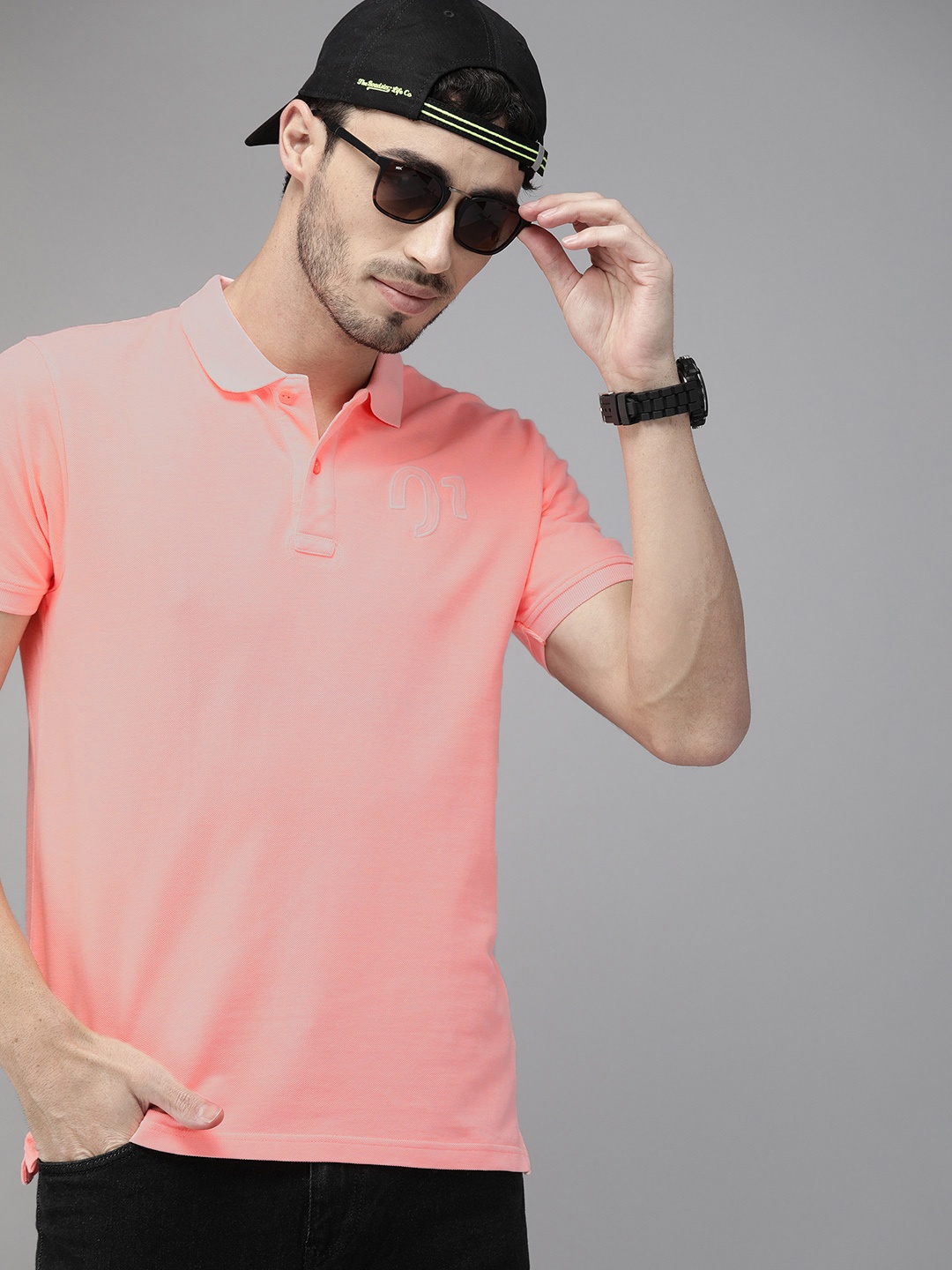 

Pepe Jeans Men Peach-Coloured Solid Polo Collar Pure Cotton T-shirt