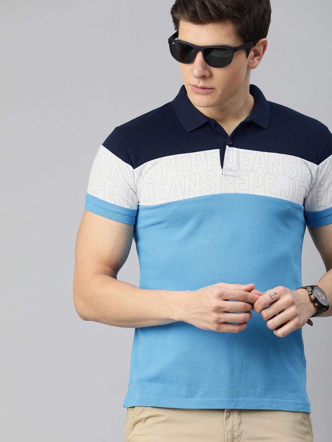 

Pepe Jeans Men Blue White Colourblocked Regular Fit Polo Collar Pure Cotton T-shirt