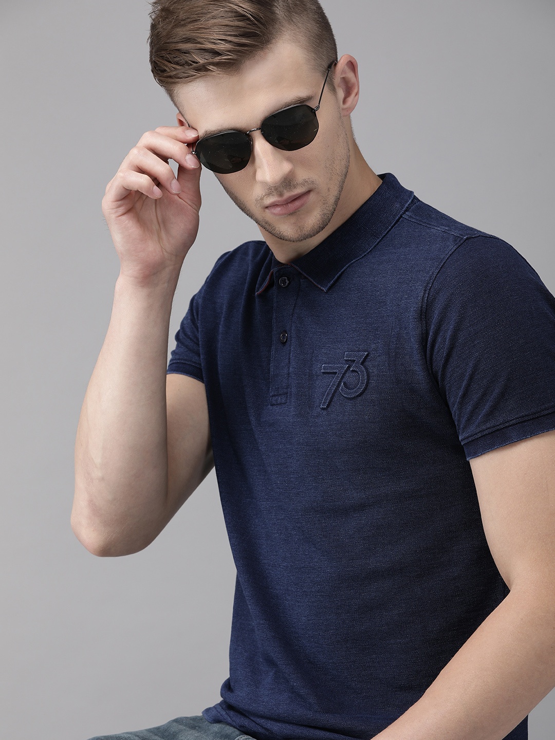 

Pepe Jeans Men Navy Blue Solid Polo Collar Pure Cotton T-shirt