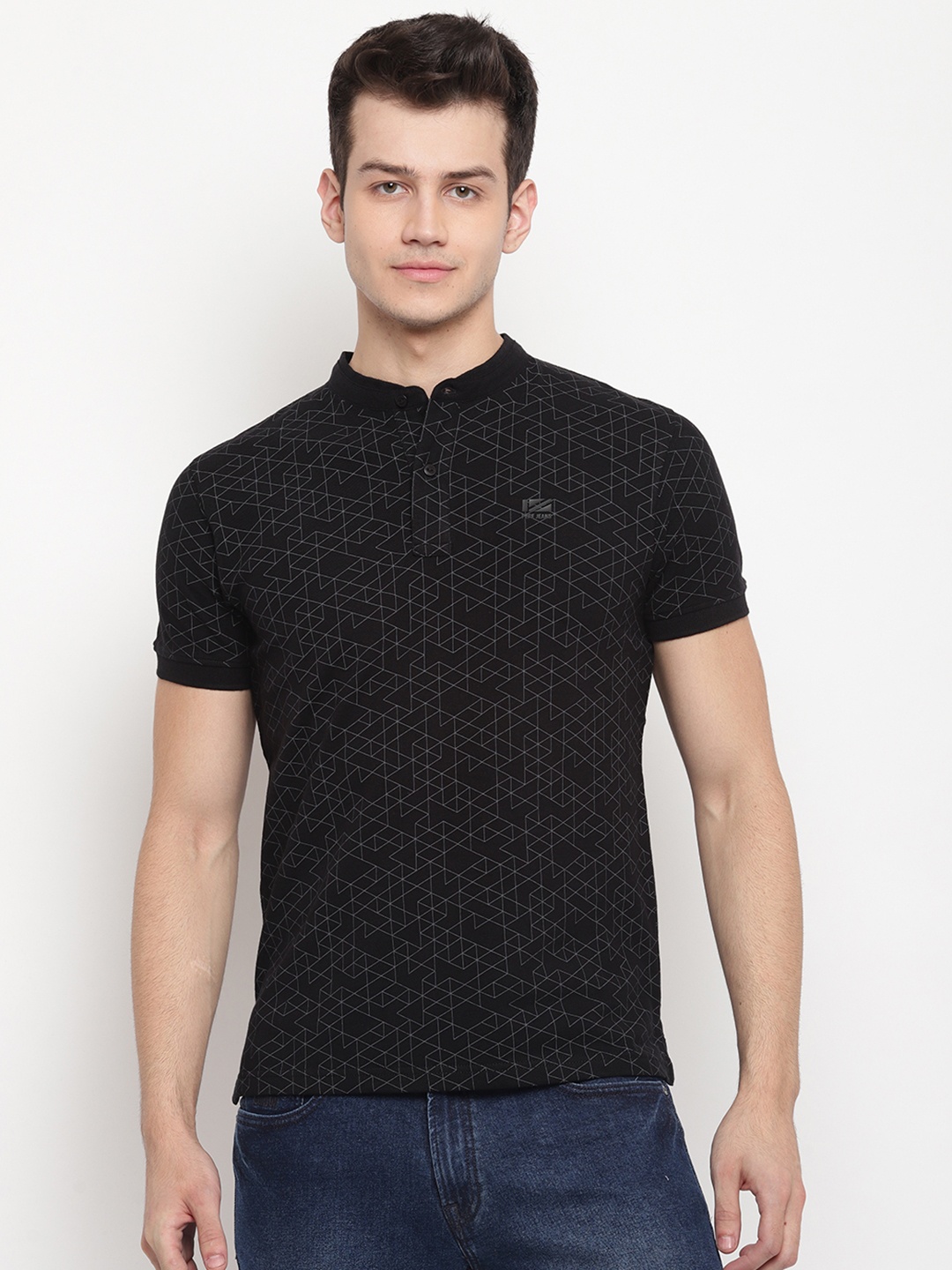 

Pepe Jeans Men Black Printed Mandarin Collar Pure Cotton T-shirt
