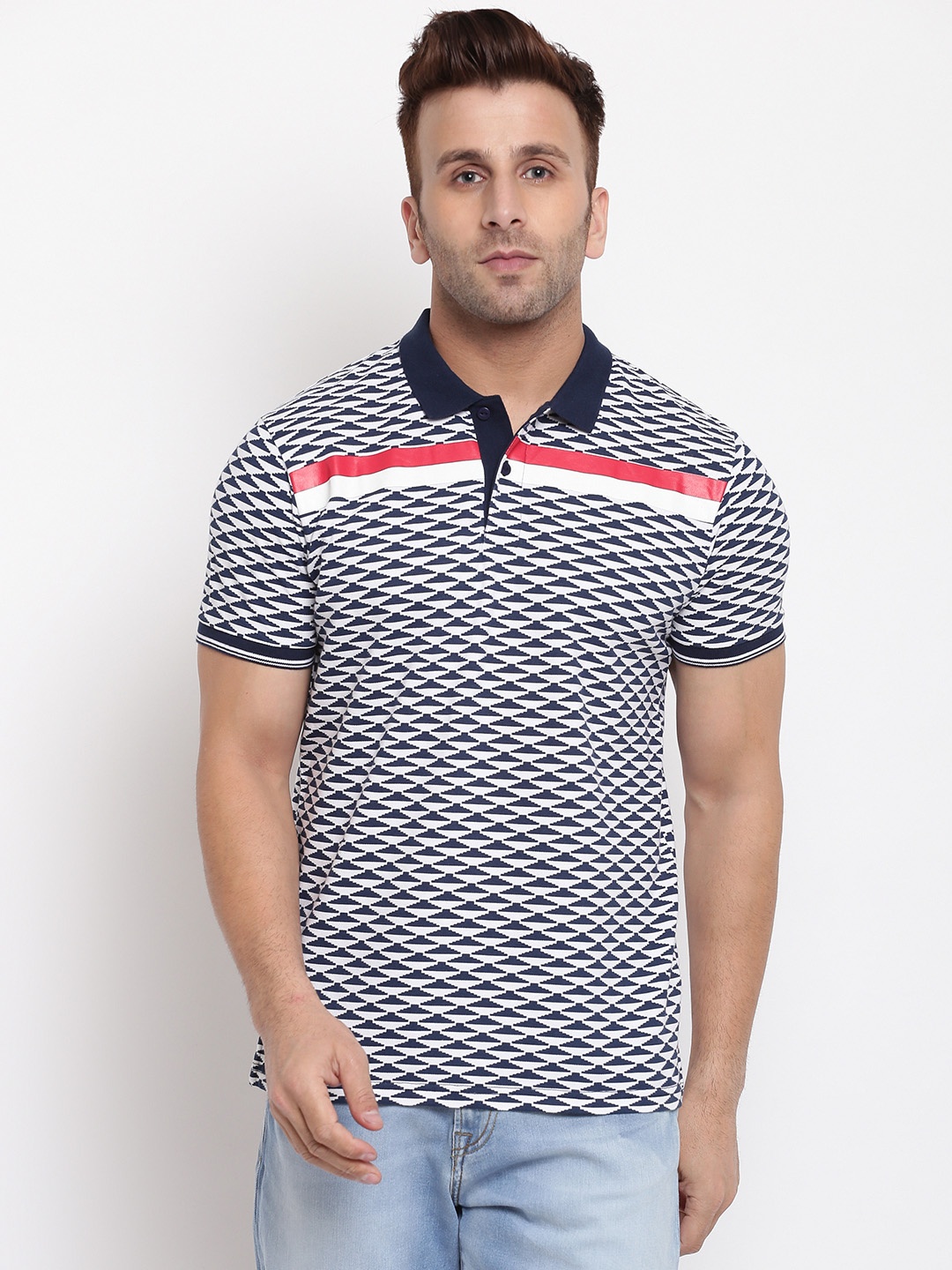 

Pepe Jeans Men Navy Blue White Printed Polo Collar Pure Cotton T-shirt
