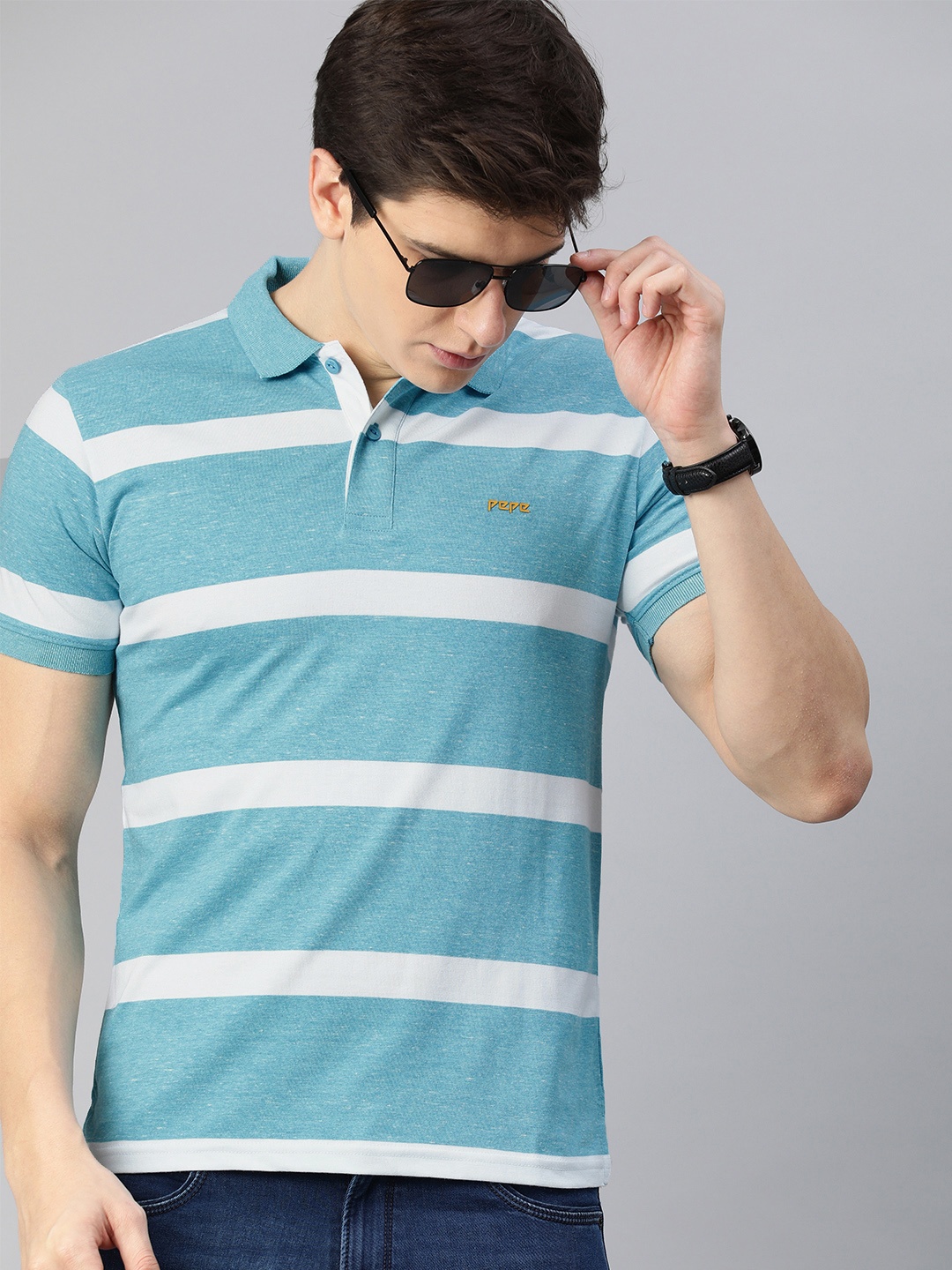 

Pepe Jeans Men Blue & White Striped Regular Fit Polo Collar T-shirt