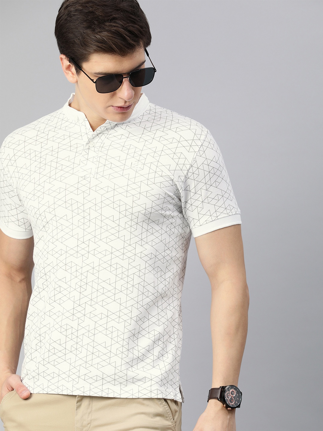 

Pepe Jeans Men White Grey Printed Regular Fit Mandarin Collar Pure Cotton T-shirt
