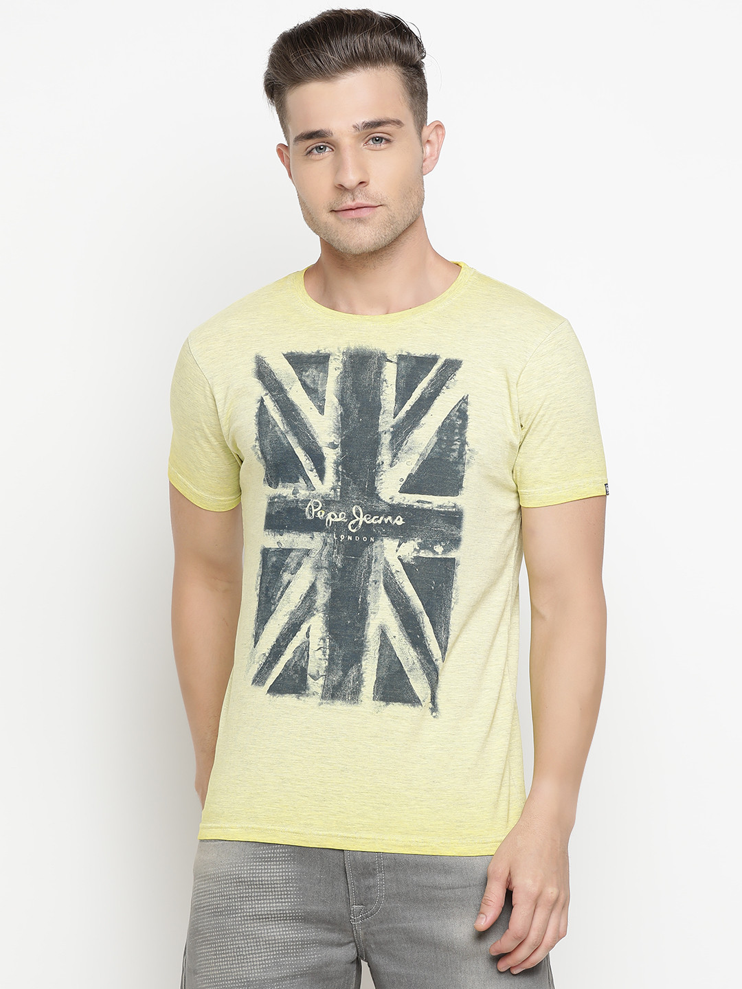 

Pepe Jeans Men Yellow & Charcoal Grey Printed Round Neck T-shirt