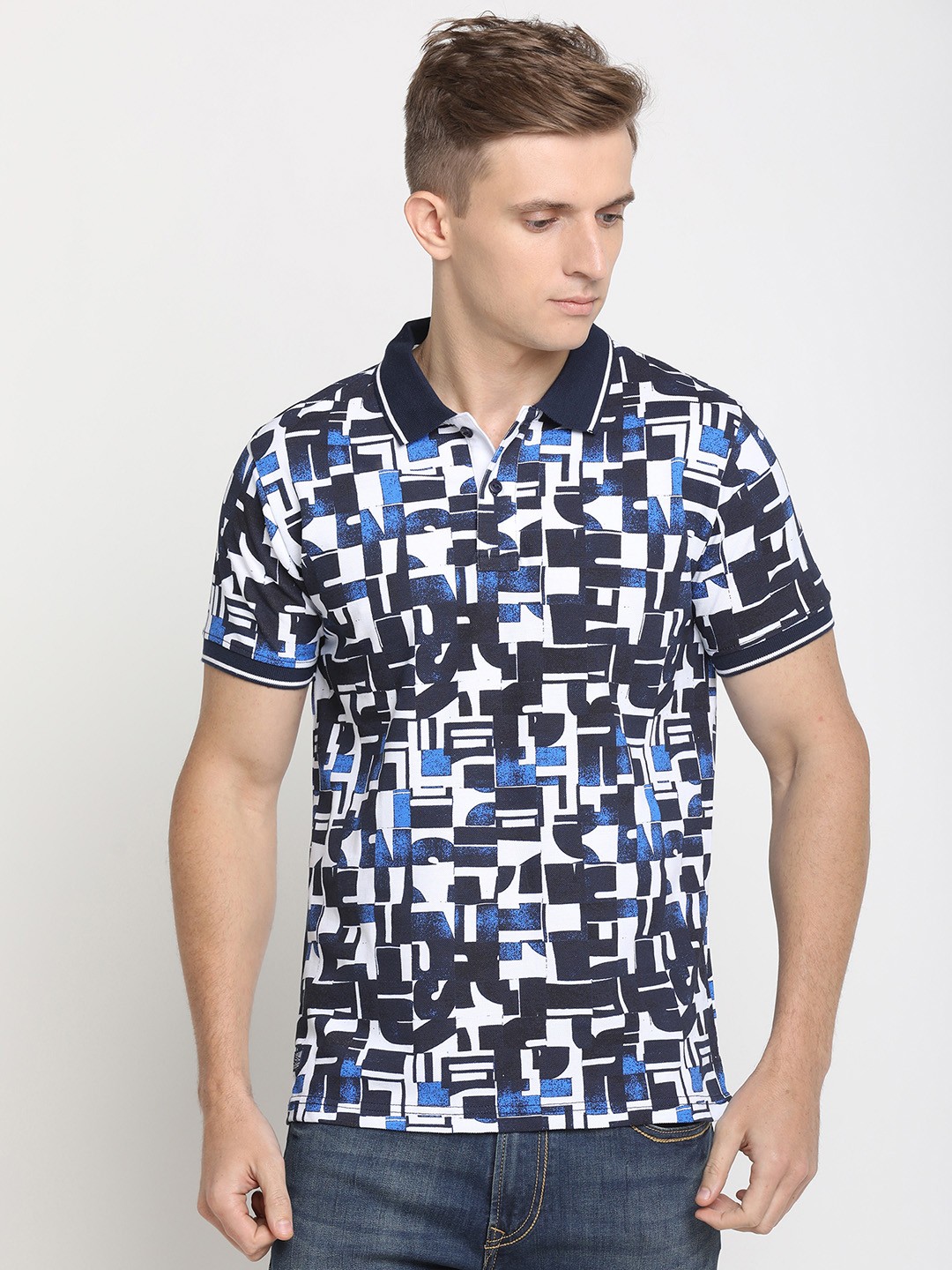

Pepe Jeans Men Blue & White Printed Polo Collar T-shirt