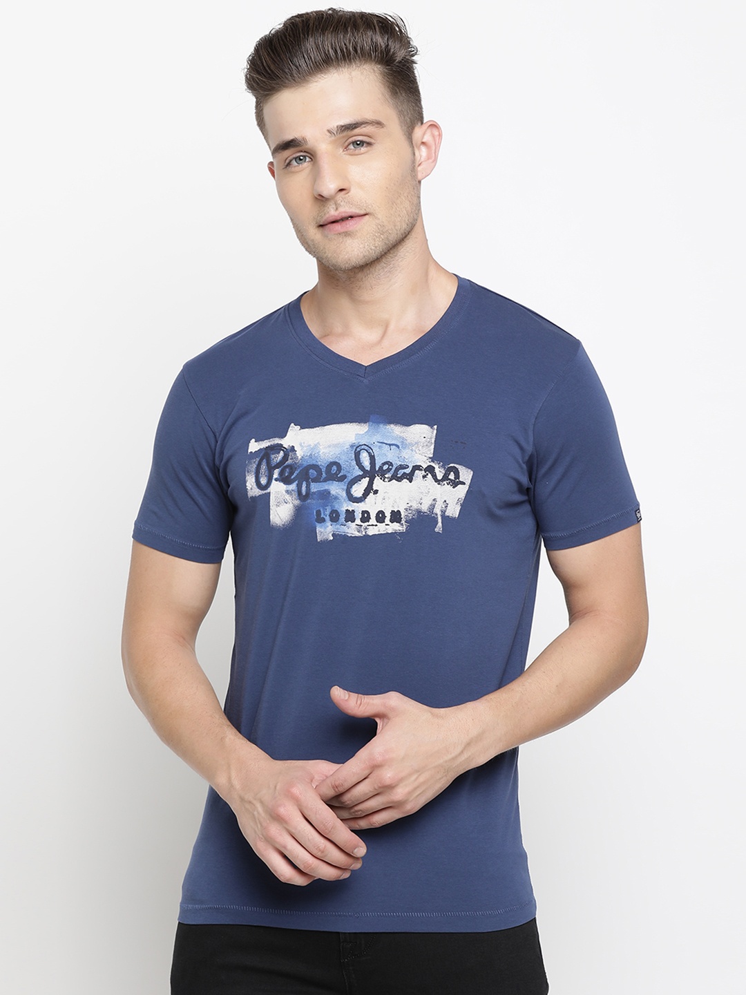 

Pepe Jeans Men Navy Blue & Off-White Brand Logo Printed V-Neck T-shirt